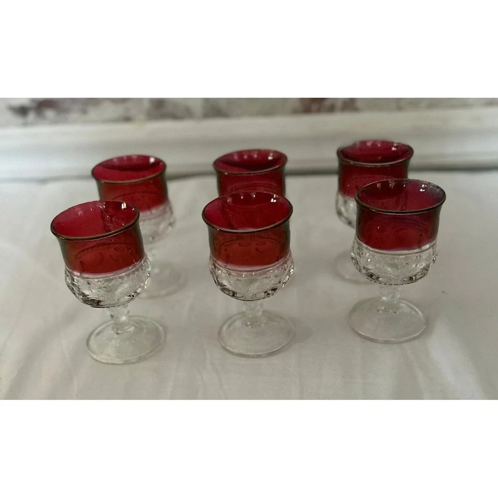 Vintage Cordial Glasses Set of 6 Ruby Red Flashed Pressed Glass Good Condition